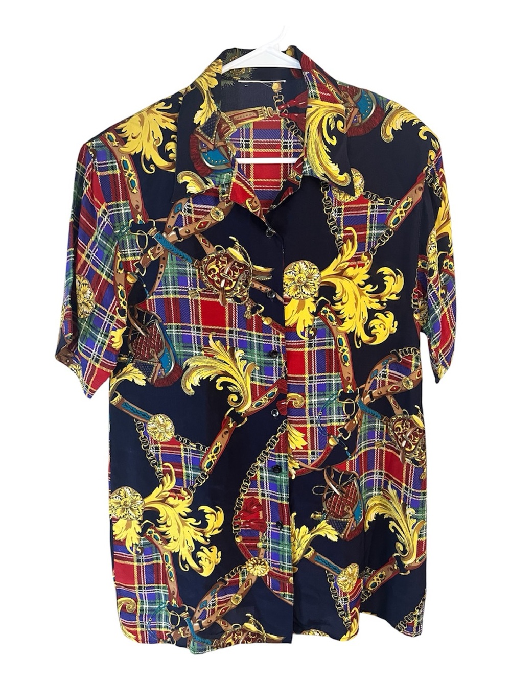 Vintage 90sSilk Rich Money Baroque/plaid multi-Color Short Sleeve Printed Blouse
